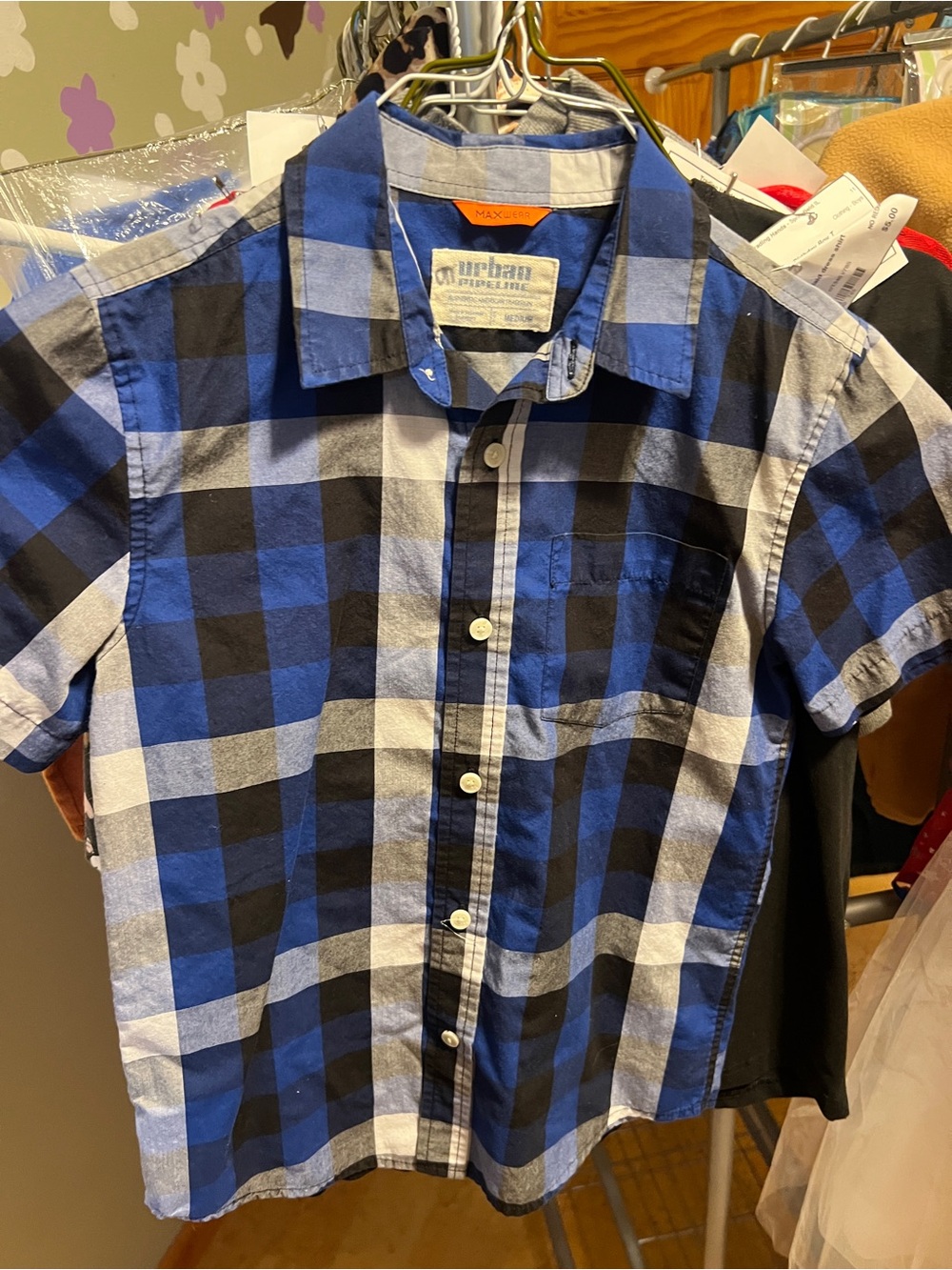 urban pipeline Blue and Black Plaid Short-Sleeve Button-Down Shirt